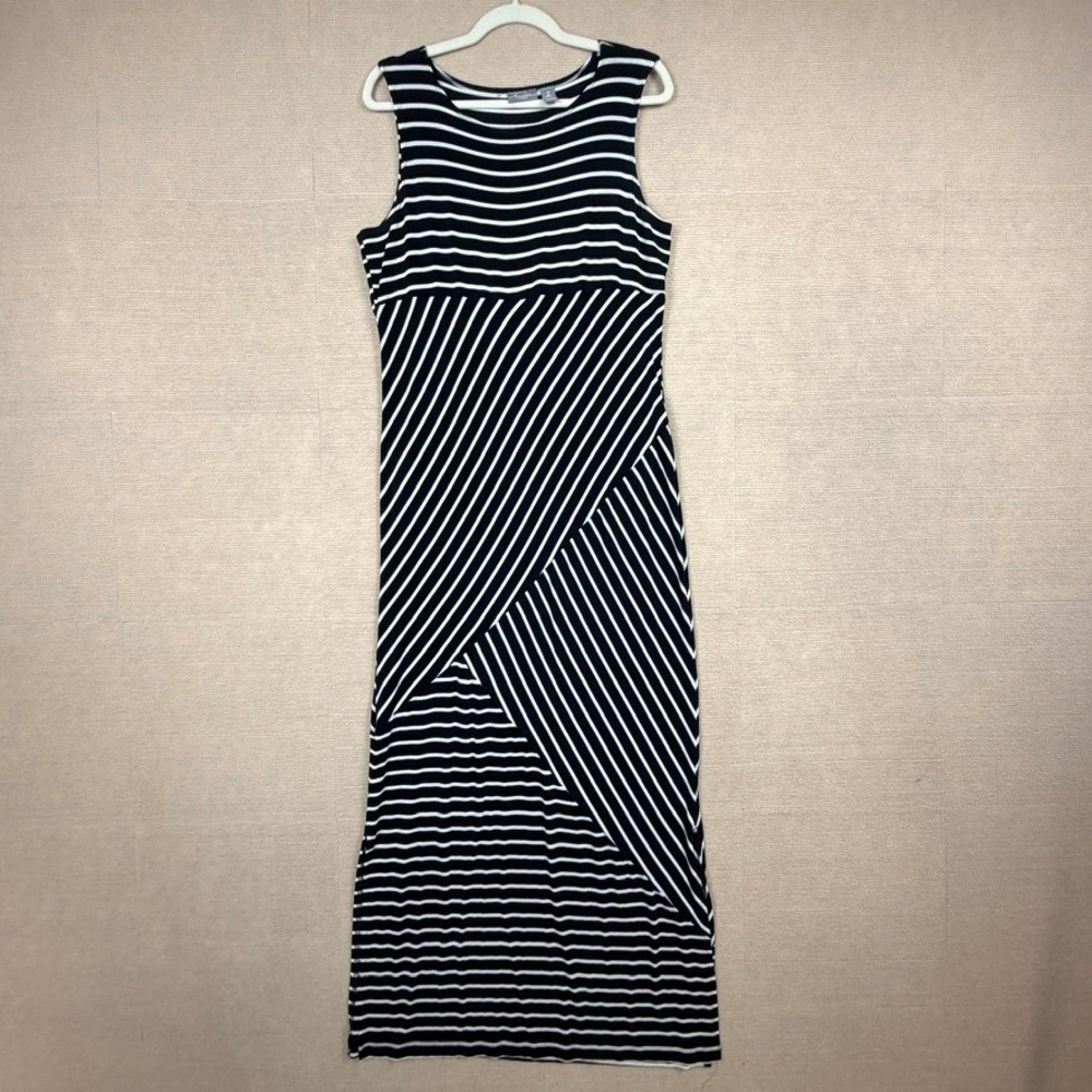 Travelers by Chicos Black White Striped Sleeveless Maxi Dress Size 2 Large